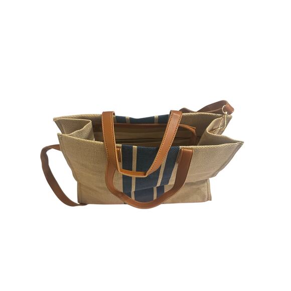 Neutral Woven Tote with Navy Stripe & Faux Leather Handles - Picture 3 of 7